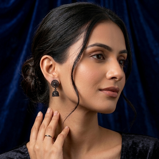 Bold Matte Black Oxidized Jhumka Earrings - Midnight Mandala Design