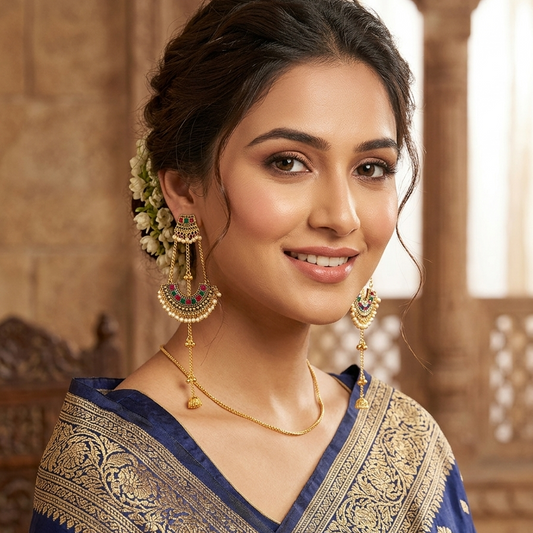 Antique Gold-Plated Long Chandbali Earrings with Pearl & Ruby Accents