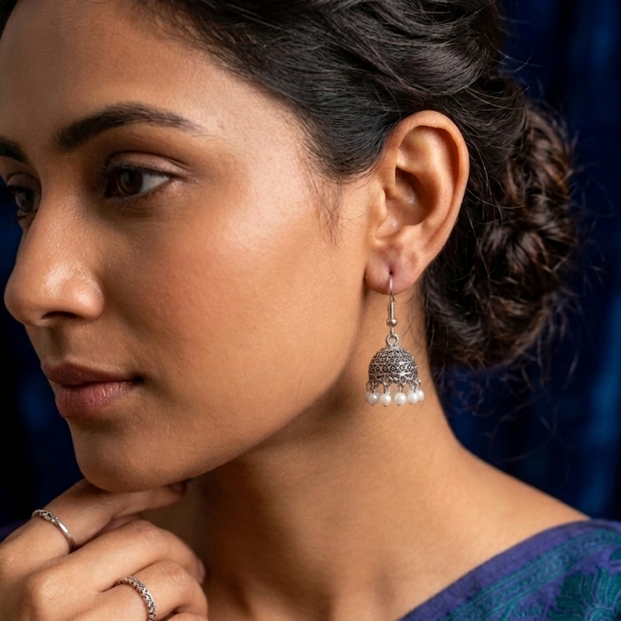Traditional Oxidized Silver Jhumka Earrings with White Pearl Drops