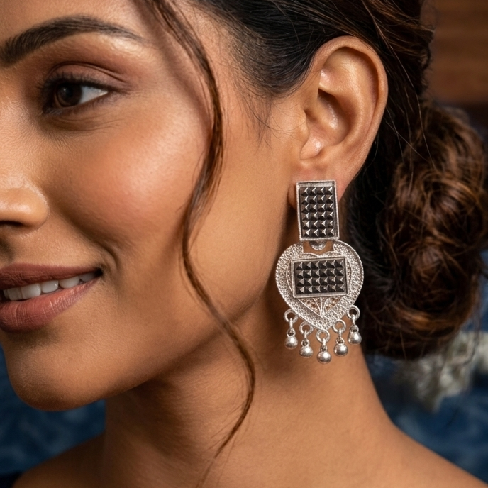 Vintage Oxidized Silver Heart Jhumka Earrings - Boho Ethnic Drop Earrings