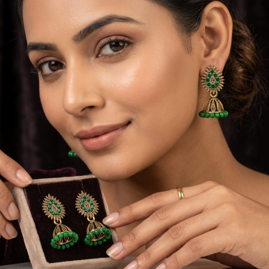 Lovelyesh Traditional Green Stone Antique Jhumka Earrings