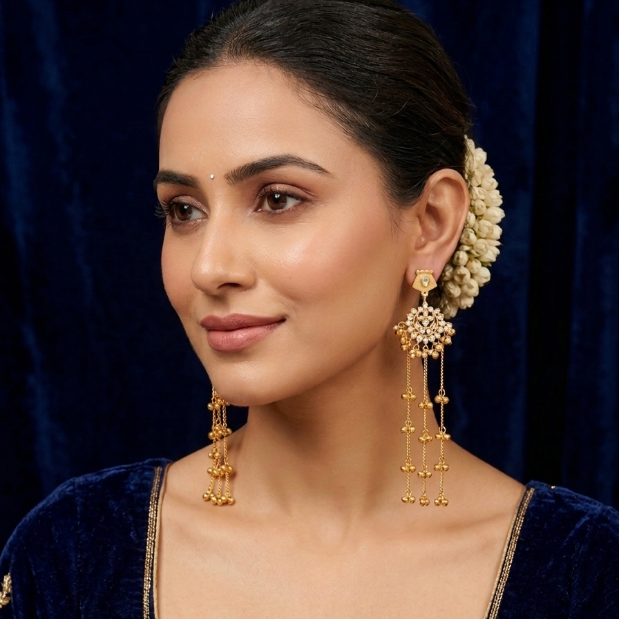 Royal Kashmiri Kundan Long Chain Earrings