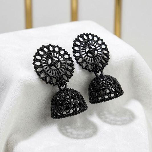 Bold Matte Black Oxidized Jhumka Earrings - Midnight Mandala Design