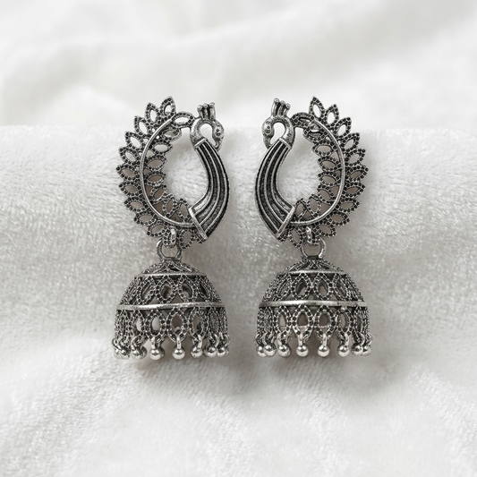 Antique Oxidized Silver Peacock Jhumka Earrings
