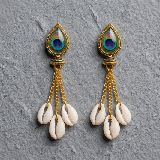 Exotic Peacock Feather & Cowrie Shell Boho Dangle Earrings