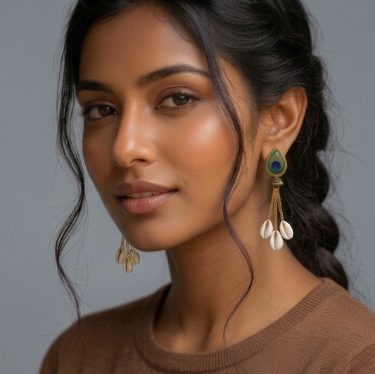 Exotic Peacock Feather & Cowrie Shell Boho Dangle Earrings