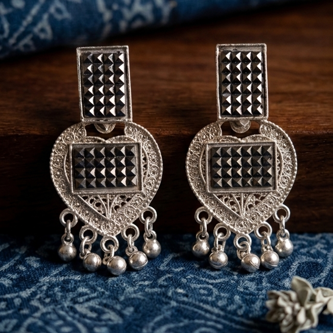 Vintage Oxidized Silver Heart Jhumka Earrings - Boho Ethnic Drop Earrings