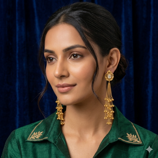 Gold-Plated Antique Drop Earrings with Long Cascade Ghungroo Chains