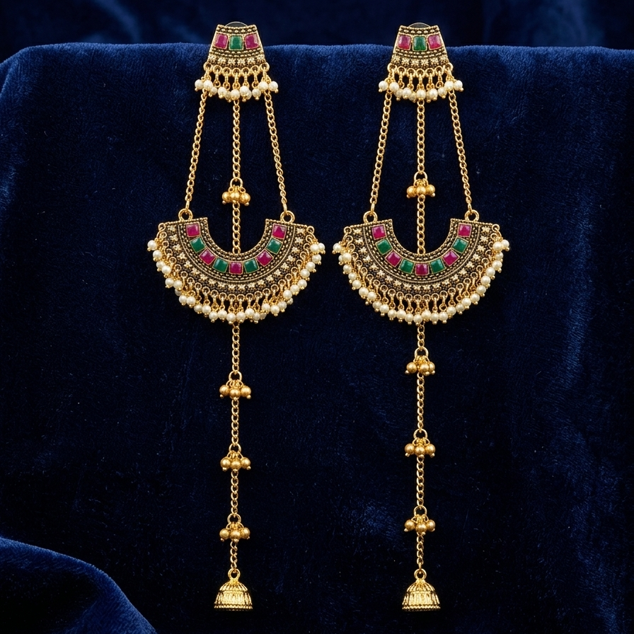 Antique Gold-Plated Long Chandbali Earrings with Pearl & Ruby Accents