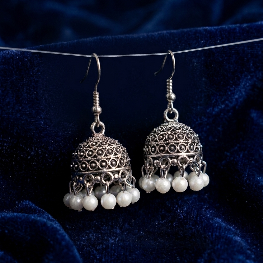 Traditional Oxidized Silver Jhumka Earrings with White Pearl Drops
