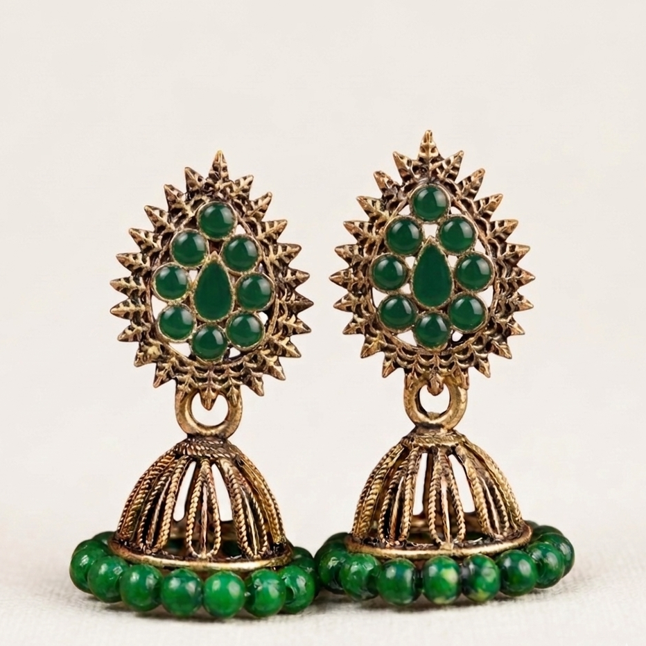 Lovelyesh Traditional Green Stone Antique Jhumka Earrings