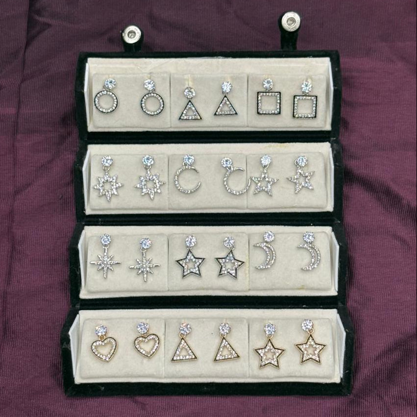 Lovelyesh Celestial & Geometric 12-Pair Stud Earring Set – Silver & Gold Toned Minimalist Collection