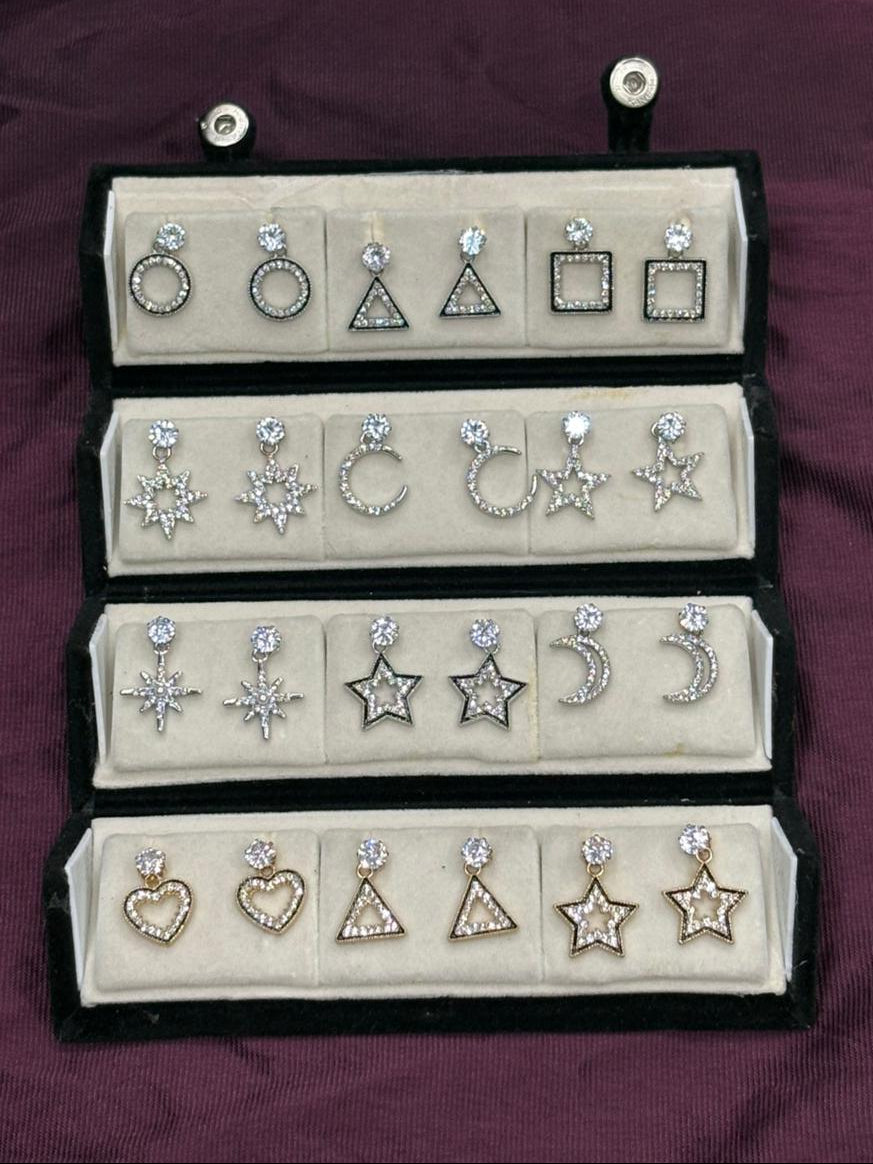 Lovelyesh Celestial & Geometric 12-Pair Stud Earring Set – Silver & Gold Toned Minimalist Collection